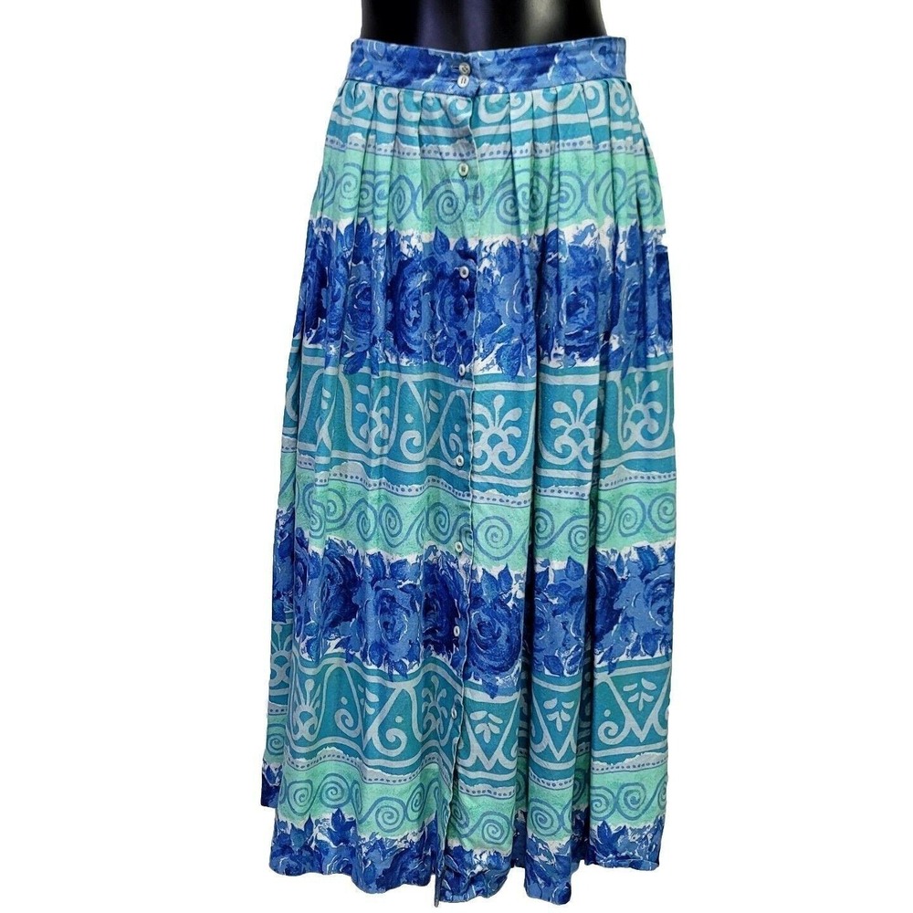 Ashley Brooke Vintage 90s Blue Teal Floral Button Front Rayon Midi Skirt Size 10